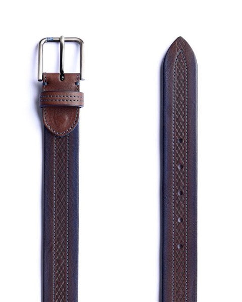 Embossed Patterned Leather Belt - Dark Brown