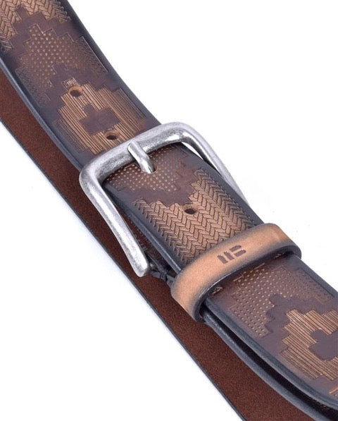 Aztec Embossed Leather Belt - Light Brown
