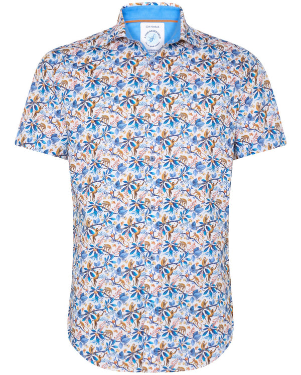Monkey Print Short Sleeve Shirt - Cobalt