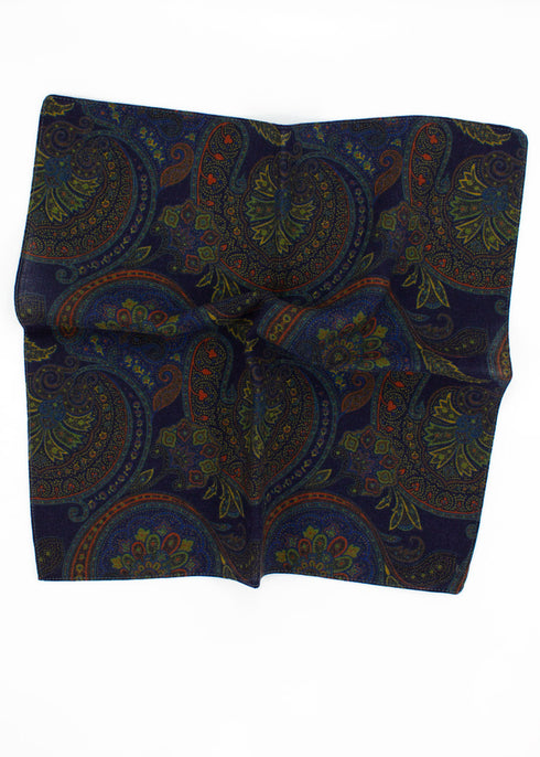Paisley Wool Pocket Square - Navy
