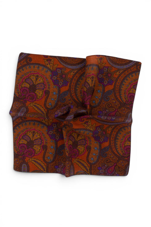 Paisley Wool Pocket Square - Orange
