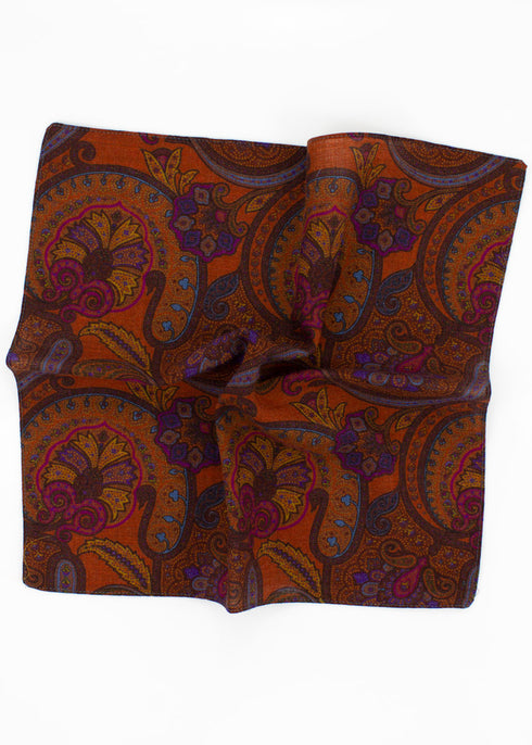 Paisley Wool Pocket Square - Orange