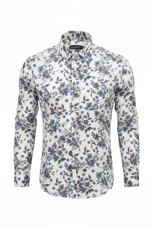 White Floral Cotton-Linen Shirt