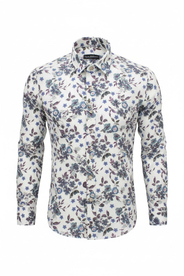 White Floral Cotton-Linen Shirt