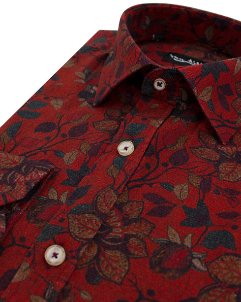 Rust Floral Cotton-Linen Shirt