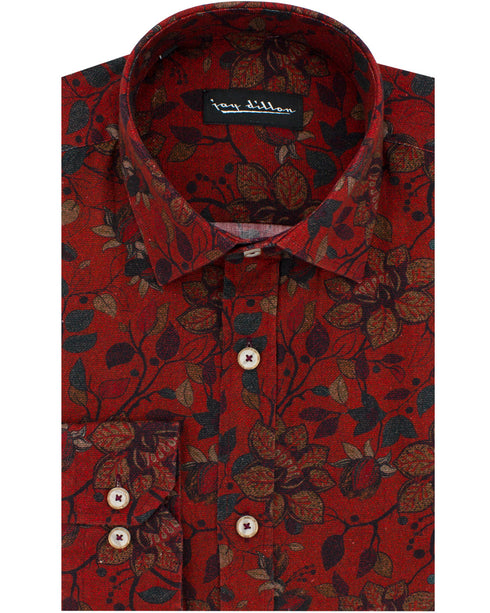 Rust Floral Cotton-Linen Shirt