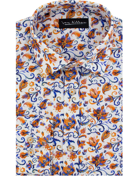 Orange Floral Cotton-Linen Shirt