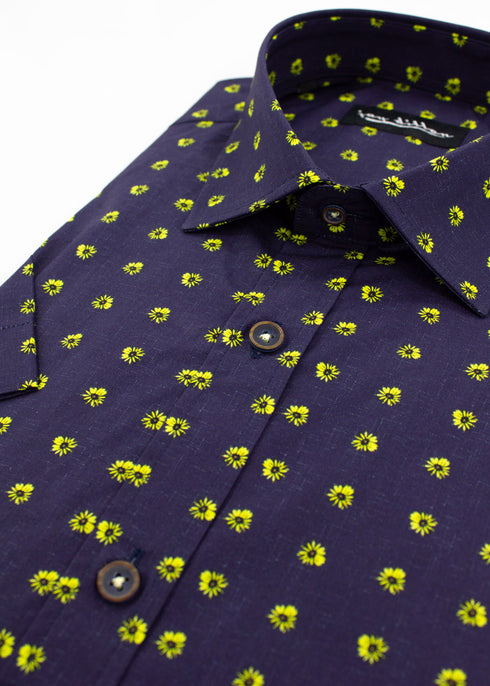 Flower Print Short Sleeve Shirt - Navy