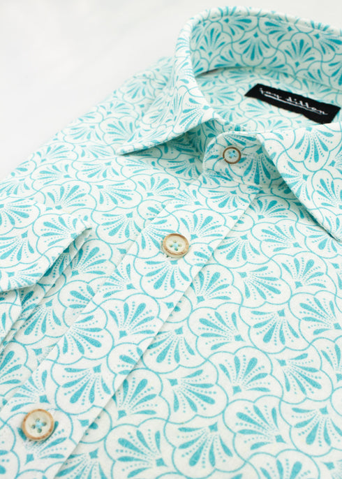 Geometric Print Cotton-Linen Shirt - Blue