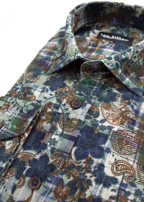 Floral Check Cotton-Linen Shirt - Khaki