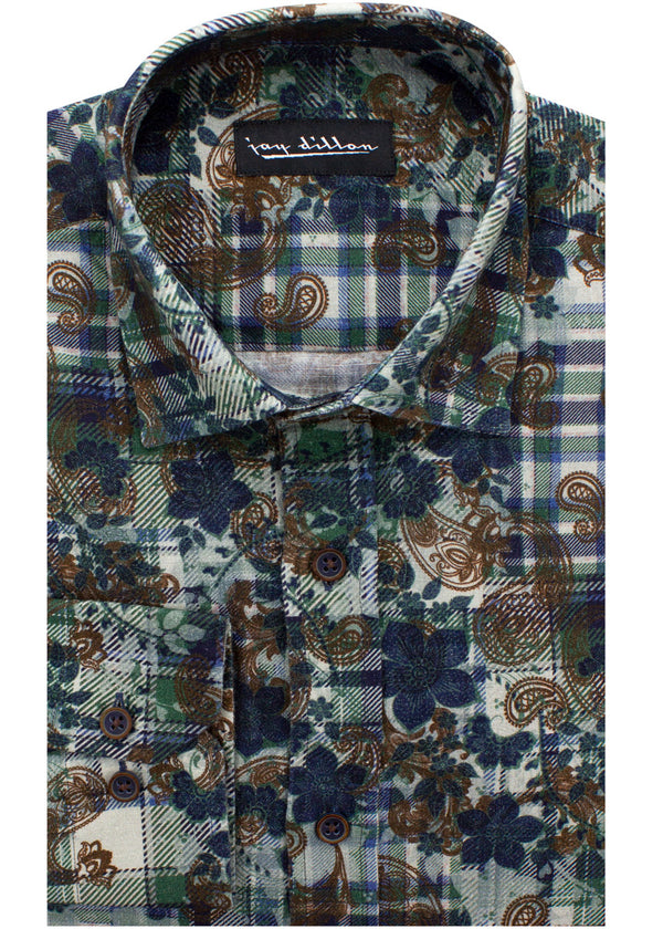 Floral Check Cotton-Linen Shirt - Khaki