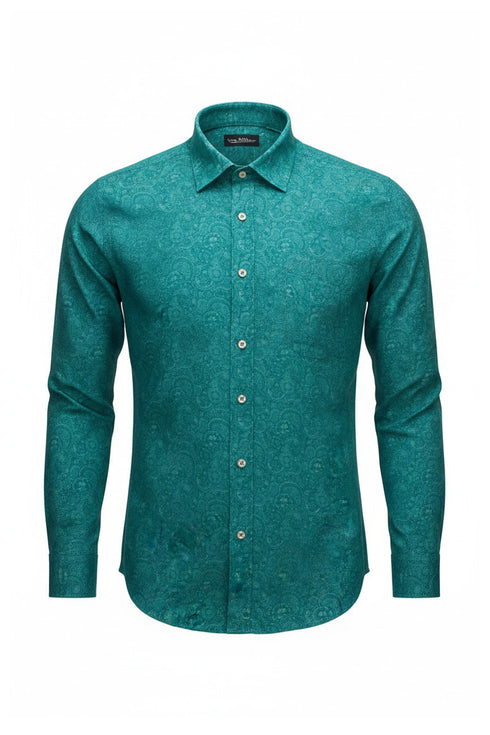 Paisley Print Cotton-Linen Shirt - Teal