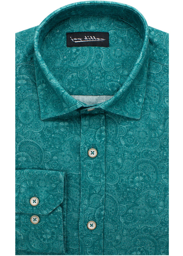 Paisley Print Cotton-Linen Shirt - Teal