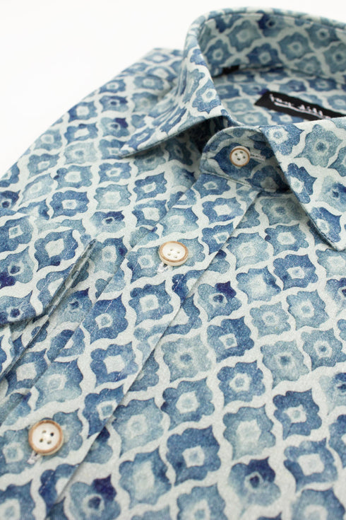 Geometric Print Cotton-Linen Shirt - Blue