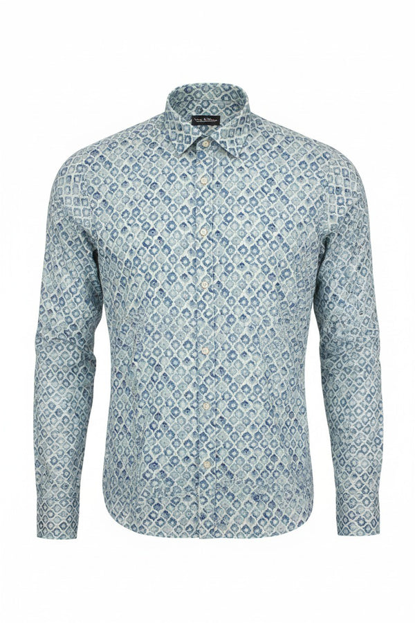Geometric Print Cotton-Linen Shirt - Blue