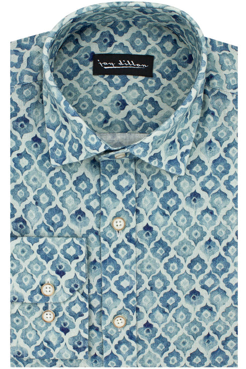 Geometric Print Cotton-Linen Shirt - Blue