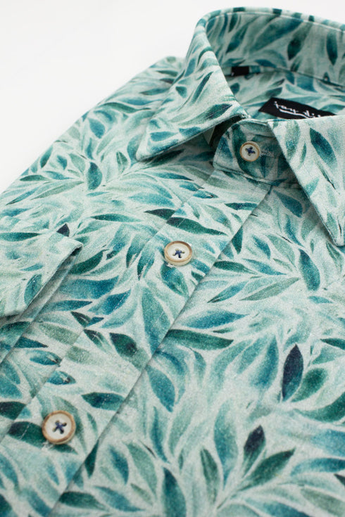 Leaf Print Cotton-Linen Shirt - Teal