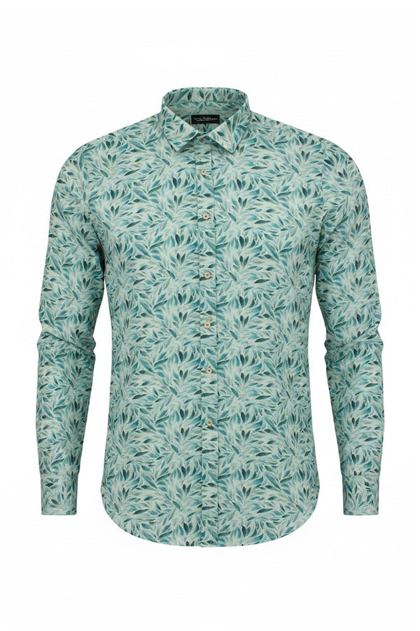 Leaf Print Cotton-Linen Shirt - Teal