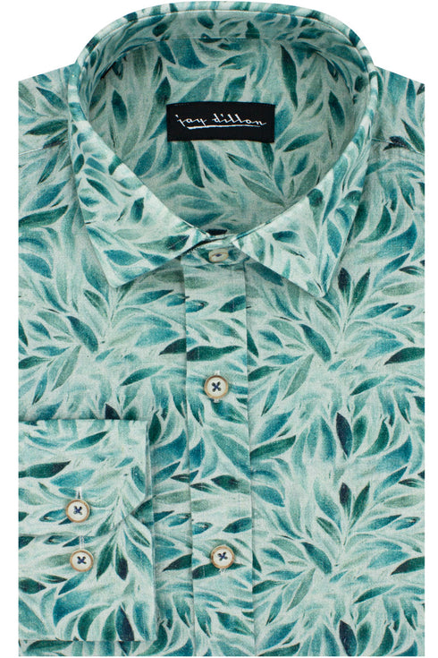 Leaf Print Cotton-Linen Shirt - Teal
