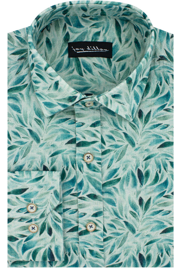 Leaf Print Cotton-Linen Shirt - Teal