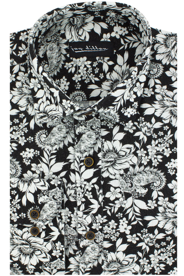 Paisley Floral Cotton-Linen Shirt - Black