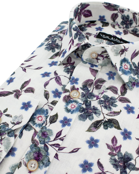White Floral Cotton-Linen Shirt