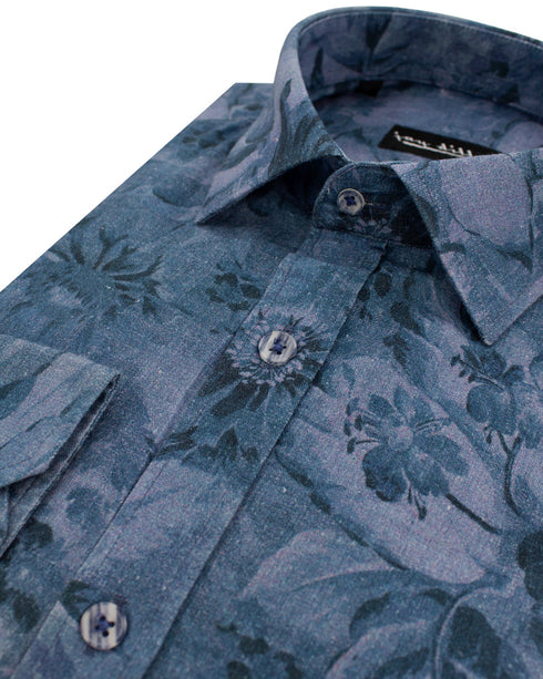 Blue Floral Cotton-Linen Shirt