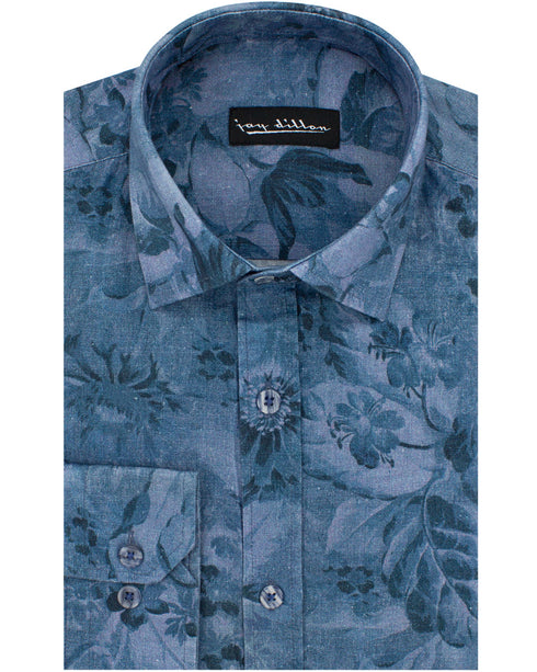 Blue Floral Cotton-Linen Shirt